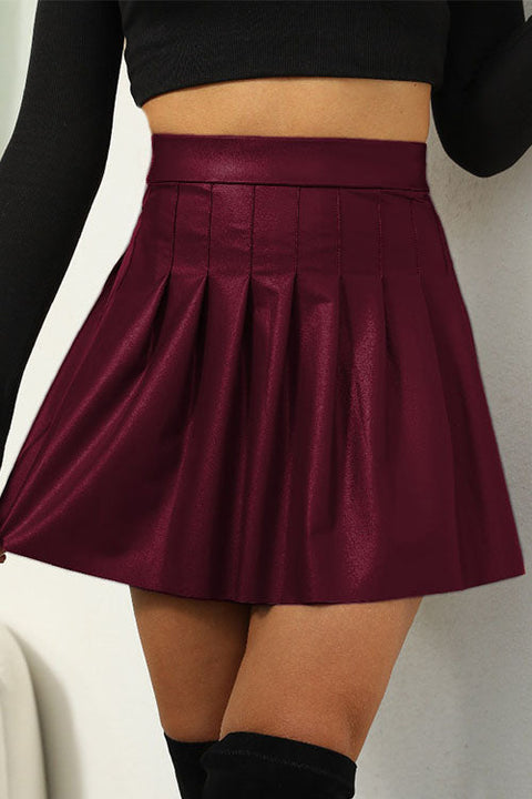 Meridress High Waist Faux Leather Pleated Mini Skirt