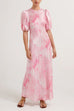 Puff Sleeves Peony Swirl Print Maxi Dress