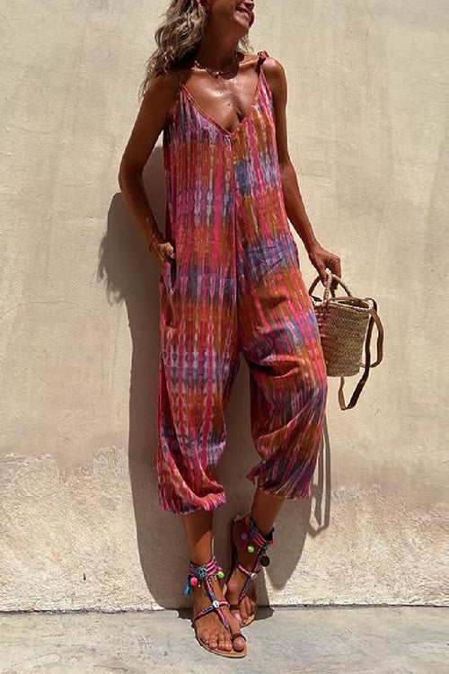 Meridress V Neck Tie Shoulder Pockets Tie Dye Cami Jumpsuit