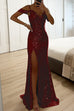 Meridress V Neck Cold Shoulder High Slit Sequin Maxi Prom Dresses