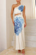 Meridress One Shoulder Lace Trim Cut Out Sleeveless Maxi Dress