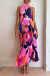 Meridress Halter Backless Cut Out Printed Maxi Pleated Dress