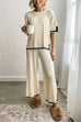 Meridress Color Block Short Sleeves Side Split Pullover Wide Leg Pants Knitting Loungewear Set