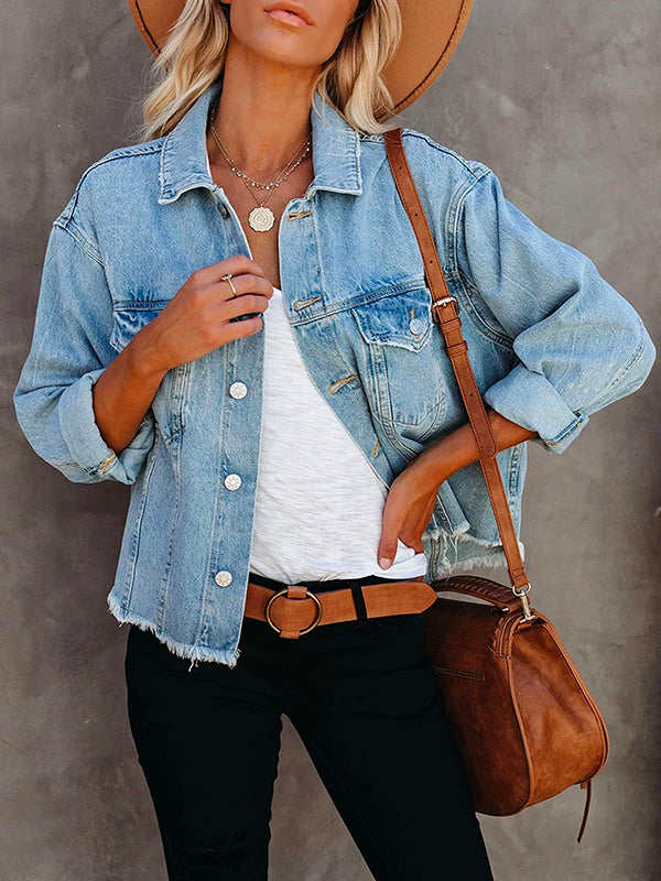 Meridress Raw Hem Button Down Short Denim Jacket