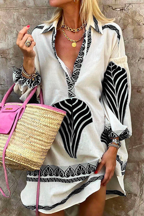 Meridress Lapel V Neck Long Sleeve Printed Shirt Dress