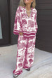 Meridress Lapel V Neck Long Sleeves Shirt Wide Leg Pants Printed Casual Set