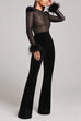 Meridress Feather Cuffs Bell Bottom Velvet Splice Jumpsuit