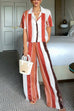 Meridress Striped Short Sleeves Button Down Shirt Wide Leg Pants Set