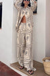 Meridress Cactus Print Lapel Long Sleeves Shirt Elastic Waist Wide Leg Pants Set