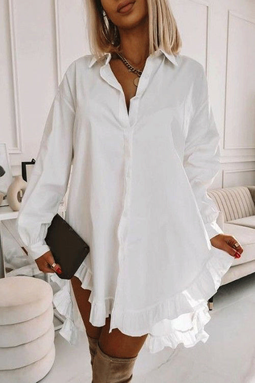 Meridress Button Down Long Sleeves Curve Hem Ruffle Shirt