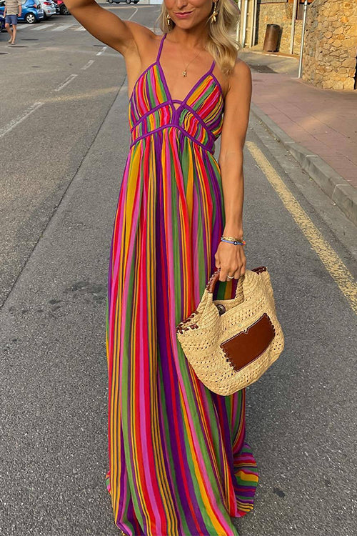 Meridress V Neck Backless Rainbow Stripes Cami Maxi Holiday Dress