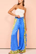 Meridress Bow Tie Side Split Cami Top Wide Leg Pants Printed Satin Set