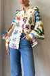 Meridress Balloon Long Sleeve Graffiti Printed Blouse Shirt