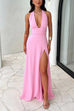 Meridress Deep V Neck Halter Tie Knot Backless Slit Maxi Dress