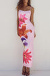 Meridress Spaghetti Strap Back Slit Lily Print Bodycon Maxi Dress