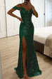 Meridress V Neck Cold Shoulder High Slit Sequin Maxi Prom Dresses