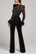 Meridress Feather Cuffs Bell Bottom Velvet Splice Jumpsuit