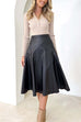 Meridress High Waist Faux Leather A-line Flare Midi Skirt