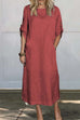 Meridress Rolled Up Sleeves Pocketed Cotton Linen Maxi Shift Dress