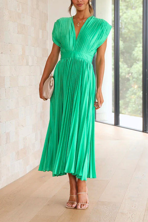 Meridress Deep V Neck Waisted Maxi Pleated Swing Dress