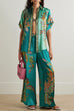 Meridress Roll Up Short Sleeves Shirt and Wide Leg Pants Printed Satin Set