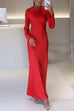 Meridress Round Neck Long Sleeves Satin Maxi Party Dress