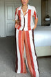 Meridress Striped Short Sleeves Button Down Shirt Wide Leg Pants Set