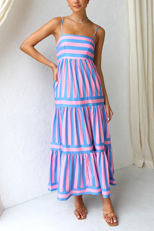 Meridress Spaghetti Strap Ruffle Tiered Color Block Striped Maxi Dress