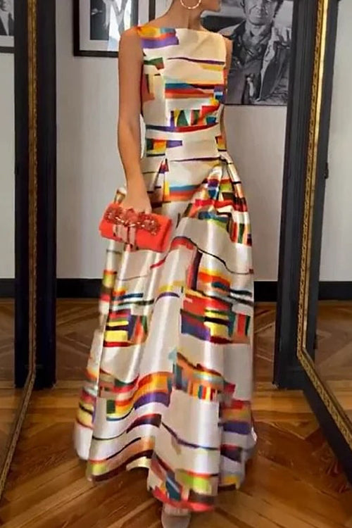 Meridress Open Back Sleeveless Printed Maxi Swing Dress