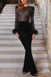 Meridress Feather Cuffs Bell Bottom Velvet Splice Jumpsuit