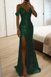 Meridress V Neck Cold Shoulder High Slit Sequin Maxi Prom Dresses