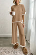 Meridress Color Block Short Sleeves Side Split Pullover Wide Leg Pants Knitting Loungewear Set