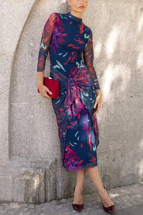 Mockneck Long Sleeves Tie Knot Front Printed Midi Dress