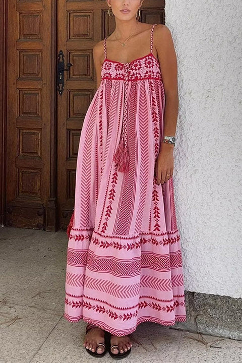 Meridress Tassel Crochet Hollow Out Splice Printed Ruffle Maxi Cami Dress