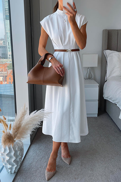 Mockneck Cap Sleeves Waisted White Midi Dress