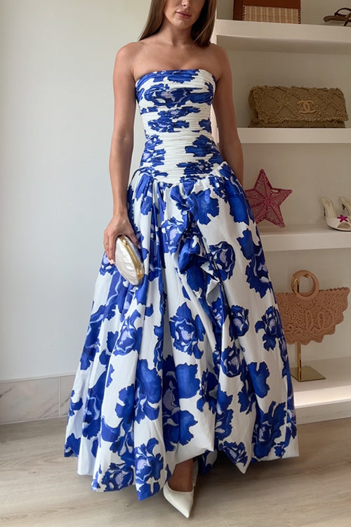 Strapless Ruched Bodice Full Skirt Floral Print Maxi Dress