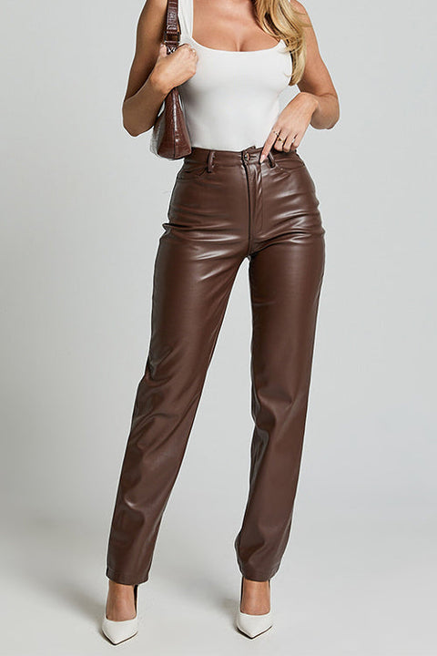 Meridress High Rise Pocketed Casual Faux Leather Pants