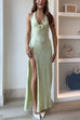 Meridress Halter V Neck Backless Slit Rose Applique Knit Maxi Dress