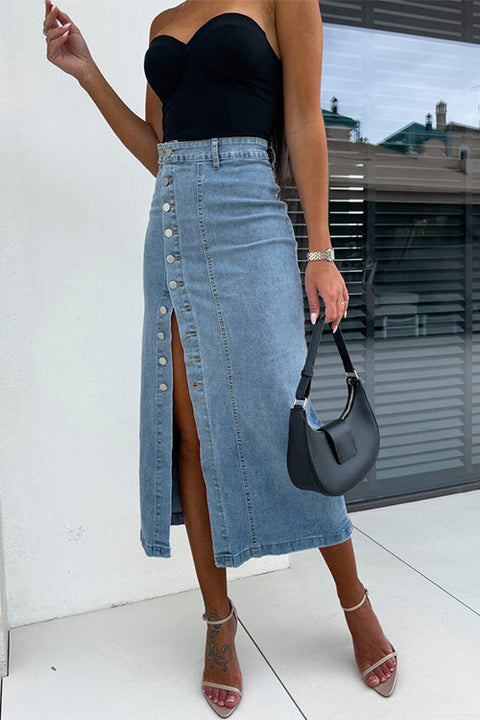 Meridress Button Down Slit Midi Denim Skirt