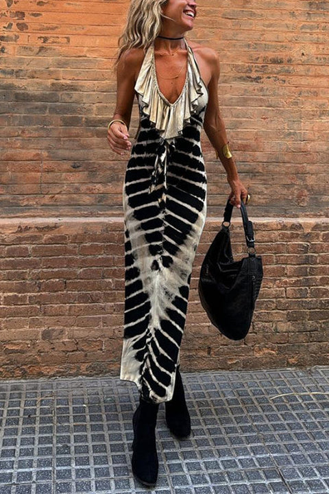 Ruffle Halter V Neck Backless Tie Dye Maxi Dress