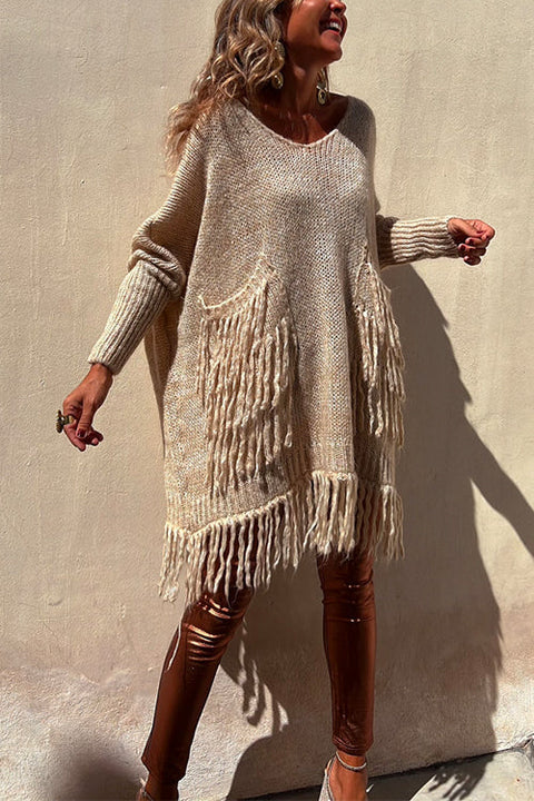 Coziest Dolman Sleeves Pocketed Tassel Sweater