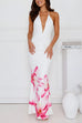 Meridress Halter V Neck Backless Ruched Flower Print Maxi Dress