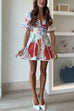 Meridress V Neck Puff Sleeves Ric Rac Trim Printed Mini Dress