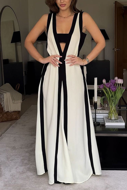 Meridress Deep V Neck Sleeveless Color Block Maxi Swing Dress