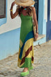 Meridress V Neck Backless Color Block Maxi Cami Dress