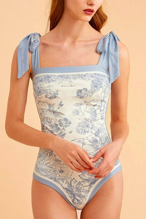 Meridress Bow Shoulder Floral Print One-piece Swimsuit