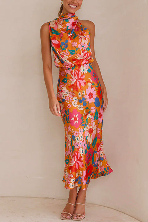 Meridress Tie Back Halter Sleeveless Waisted Maxi Floral Dress