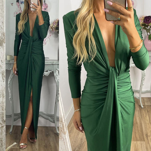 Meridress Deep V Neck Ruched Slit Maxi Bodycon Dress