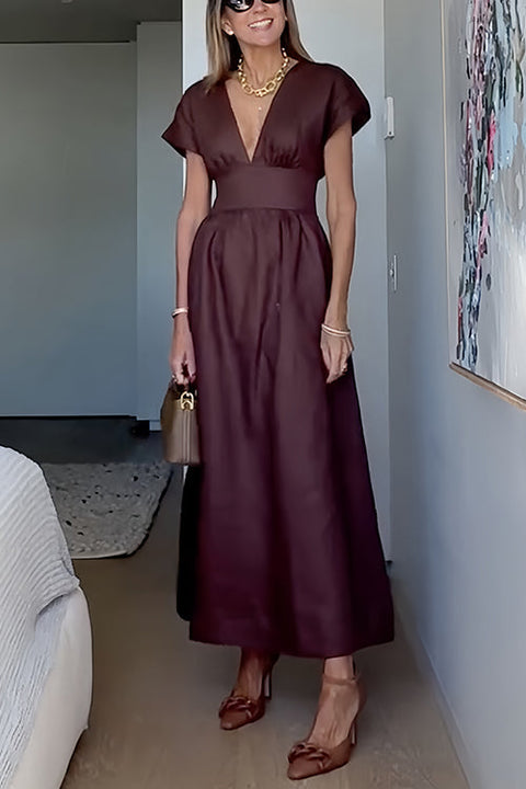 Elegant V Neck Short Sleeves Waisted Maxi Dress