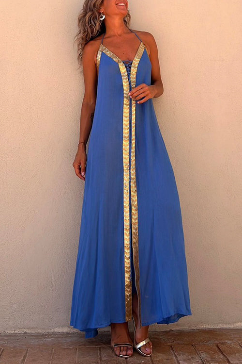 Meridress V Neck Backless Sequin Detailed Slit Maxi Cami Dress